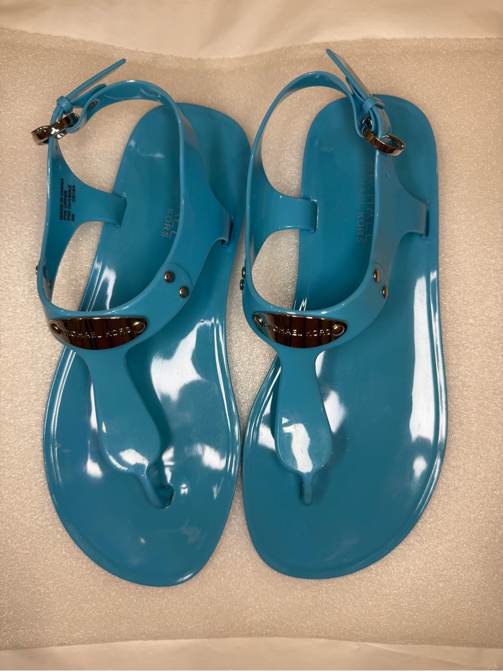 Michael Kors MK Plate Jelly T-Strap Sandals in Aquamarine Pool Blue